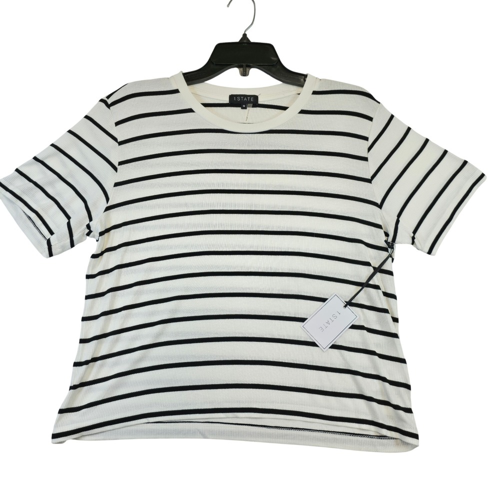 1 STATE Womens White Black Stripe Ribbed Knit T Shirt Short Sleeve Size M NWT